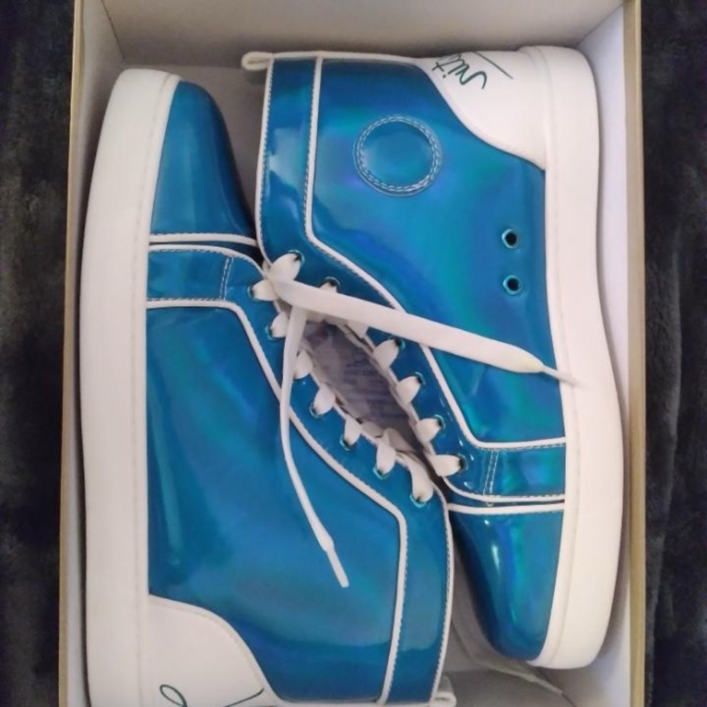 Iridescent Blue and White High-Top Sneakers